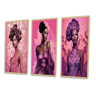 3 Piece Print Set - Retro Fashion Glam Model in Pink Magenta III