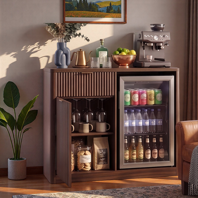 Buffet cannelé de 39,4 po avec mini-réfrigérateur, grand tiroir, armoire de rangement, tablette réglable, supports à verres à vin et prise de courant intégrée