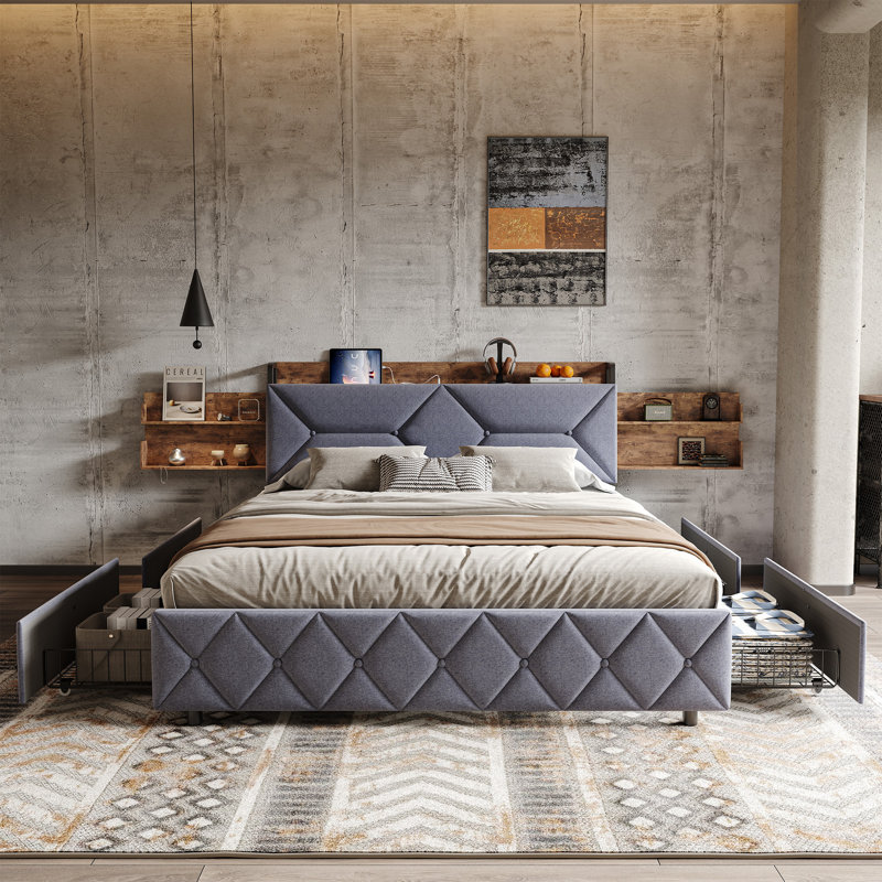 Fabric Bed Frame With Headboard Storage, USB Ports, Extended Side Shelves & 4 Drawers – Metal Frame