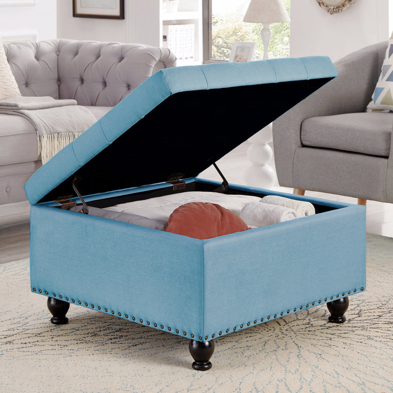 Repose-pieds carré avec rangement 30 po - Lin touffeté turquoise (capacité de 300 lb), Bleu