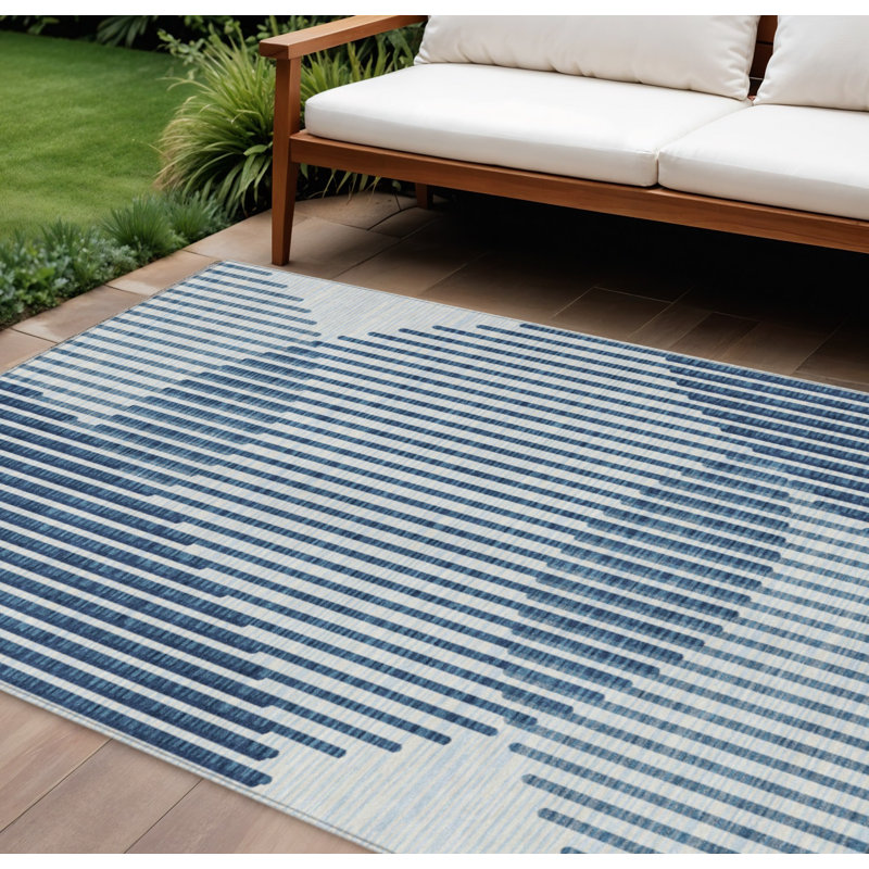 Tapis extérieur lavable à motif géométrique bleu et ivoire 10 pi x 14 pi