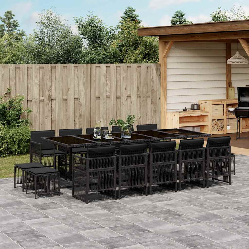 15 Piece Garden Dining Set with Cushions Poly Rattan, 15 Pieces: Table, 4 Stools, 10 Chairs, Black, Black