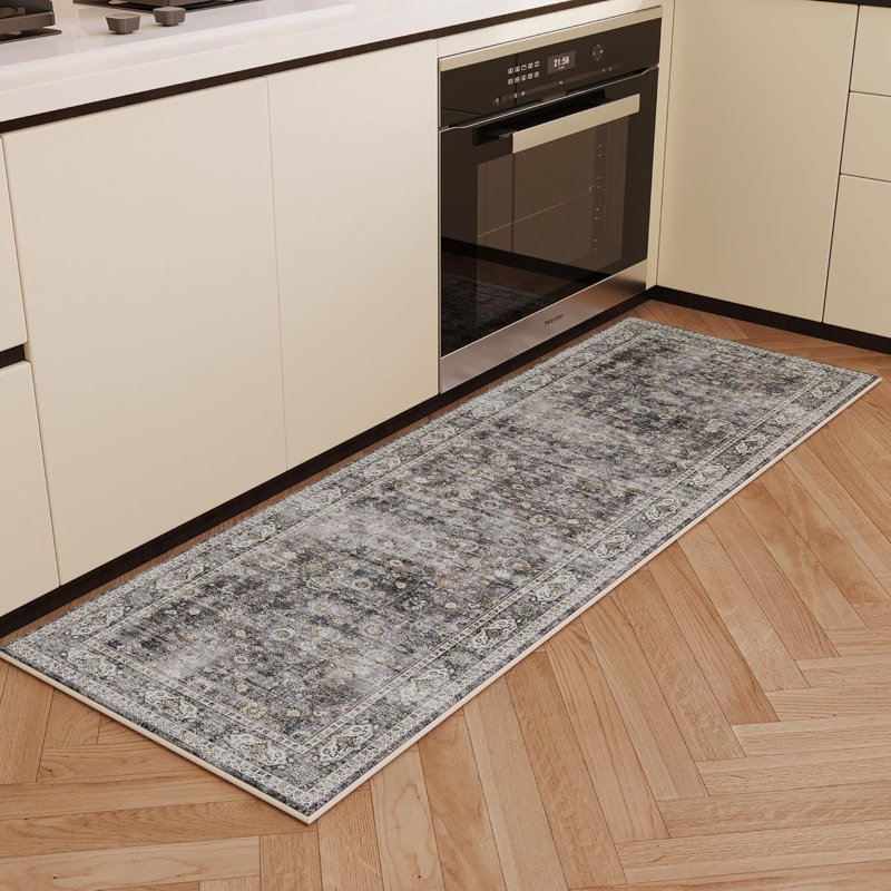 Tapis de cuisine floraux lavables, Runner 2'6" x 8', Gris
