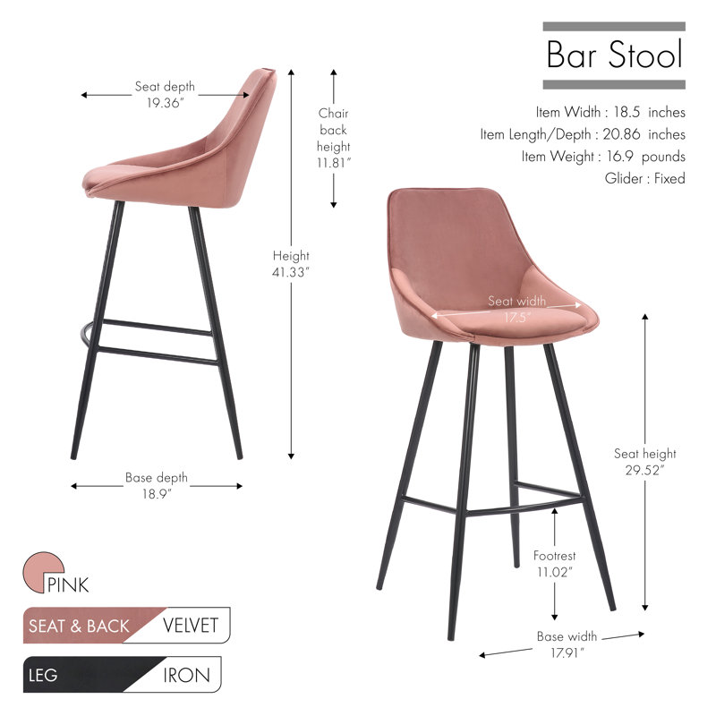 Upholstered Counter Stool with Metal Frame, Pink