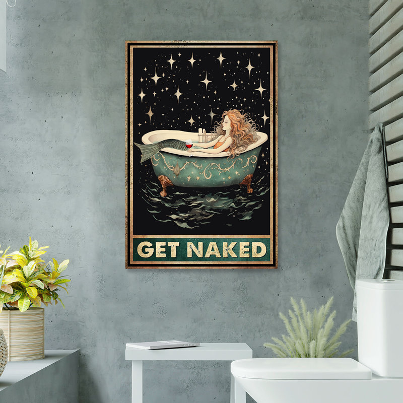 «Mermaid Chilling With Wine», toile tendue avec châssis «Just Get N dénudée», décor de salle de bain et de lessive, turquoise et blanc