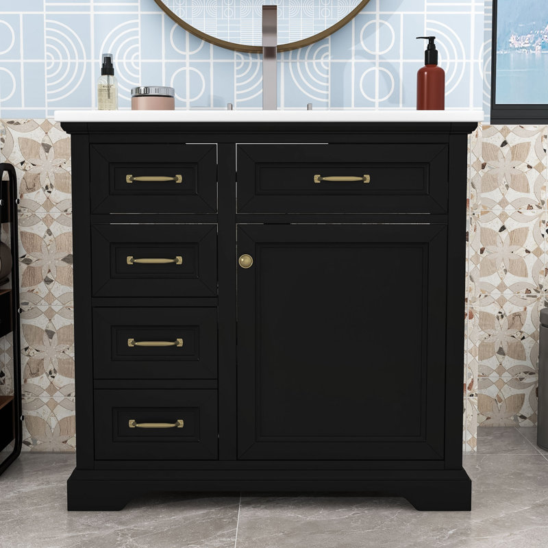 Meuble-lavabo 4 tiroirs avec lavabo en céramique, tablette réglable et armoire à fermeture en douceur, Noir
