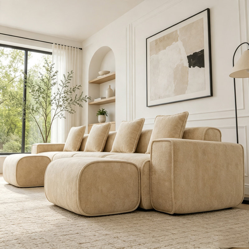 138.58'' Velvet Sofa, 4-Seater & 2-Ottoman, Light Camel