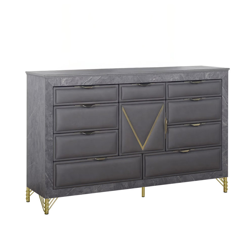 Commode large Semy, 10 tiroirs, 1 armoire, bois gris anthracite, or