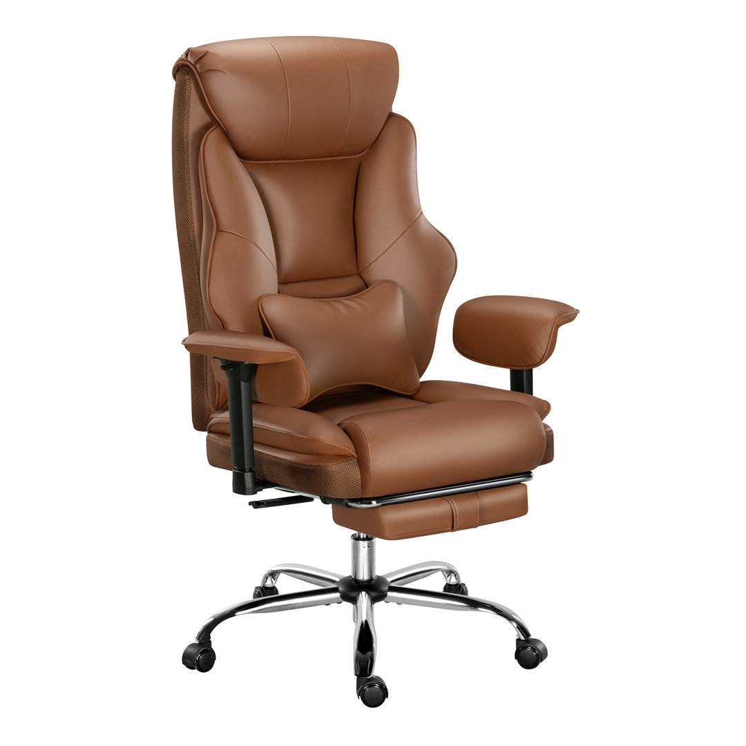 Office Chair, Ergonomic Executive Chair, with Headrest/Lumbar Cushion/Retractable Footrest/Adjustable Armrests/Backrest, Black/Brown Swivel Height Adj