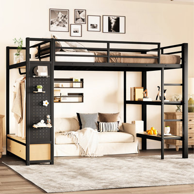 Full Size Loft Bed Frame With Wardrobe,Metal Loft Bed With Storage Shelves And Pegboard,Black