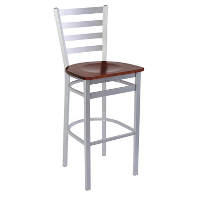 Tabouret de bar à dossier échelle Lima - Siège en bois de noyer - Structure en acier - Finition brume argentée