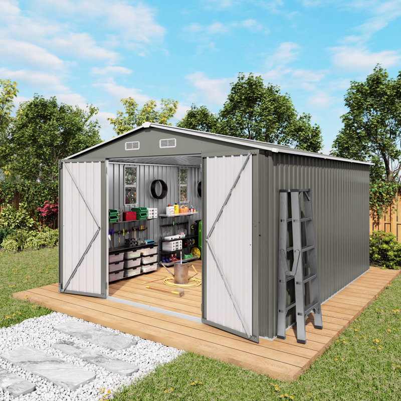 Grey 10X12ft Large Metal Storage Shed With Double Door And Two Windows, Secure For Bins Generator In Backyard Tool Snow Patio