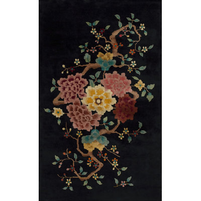 Floral Medallion Black Wool 1920s Antique Hand Knotted Pile Rectangle Rug