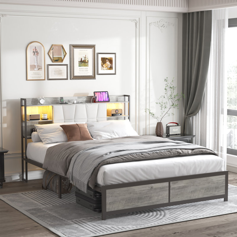 Bed Frame with LED Light & Power Outlet and Storage, Queen
