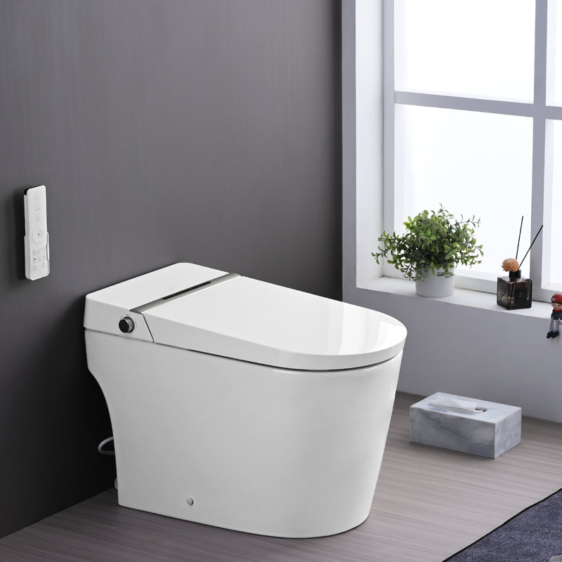 Combinaison de bidet de toilette intelligente avec couvercle / siège ouvert avec capteur de pied, affichage à DEL, buse autonettoyante, siège chauffant, veilleuse, commande à bouton, fermeture douce, chasse automatique, avec télécommande