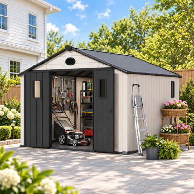 Resin Outdoor Storage Shed With Floor And Windows, Weather-resistant Plastic Storage Shed With Reinforced Steel Structure, Easy to Assemble