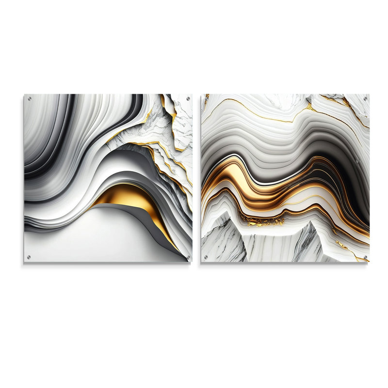 «Abstract Geode Waves Grey I», ensemble de 2 peintures murales abstraites en acrylique, H 30 po x l 61 po