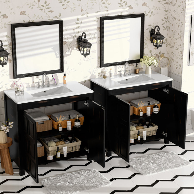 Ensemble de meuble-lavabo 72 po avec lavabos doubles (séparés), lavabos doubles en céramique, portes à fermeture en douceur et tablette réglable - Armoire de rangement espresso rétro pour une organisation élégante de la salle de bain
