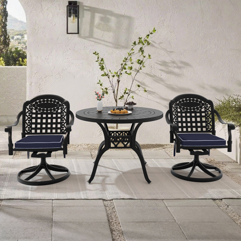 Ensemble de salle à manger bistro rond 3 pièces de 100 cm (39,37 po) avec 2 chaises pivotantes et coussins bleus