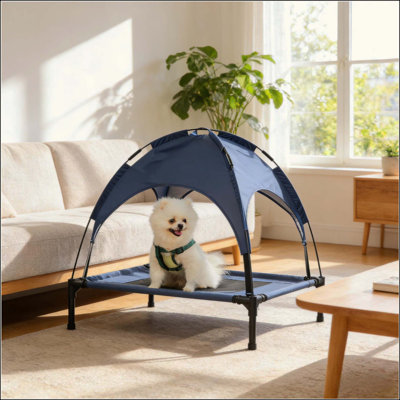 Elevated Dog Bed with Canopy, Breathable Mesh Cooling Dog Cot with Powder-Coated Steel Frame, Portable Raised Pet Bed with Travel Bag for Outdoor Indoor Medium Dogs