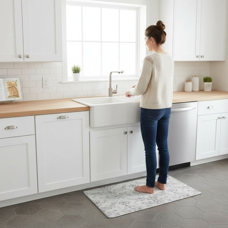 Tapis de cuisine anti-fatigue en PVC 18 po x 30 po avec envers antidérapant et imperméable - Austen Damask, Gris