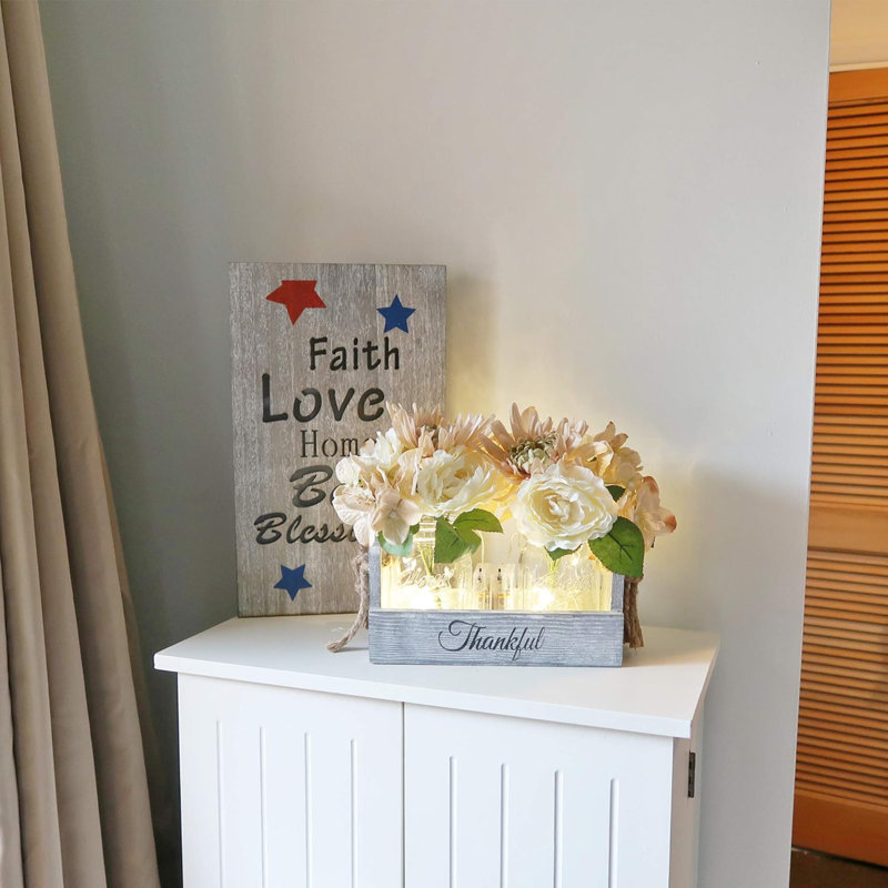 Rustic Table Centerpiece Decor-Decorative Thankful Wood Tray With 2 Painted Mason Jars, Rose Bouquet Flowers For Home,Dining Room, Living Room, Kitchen, New Home Housewarming Gift