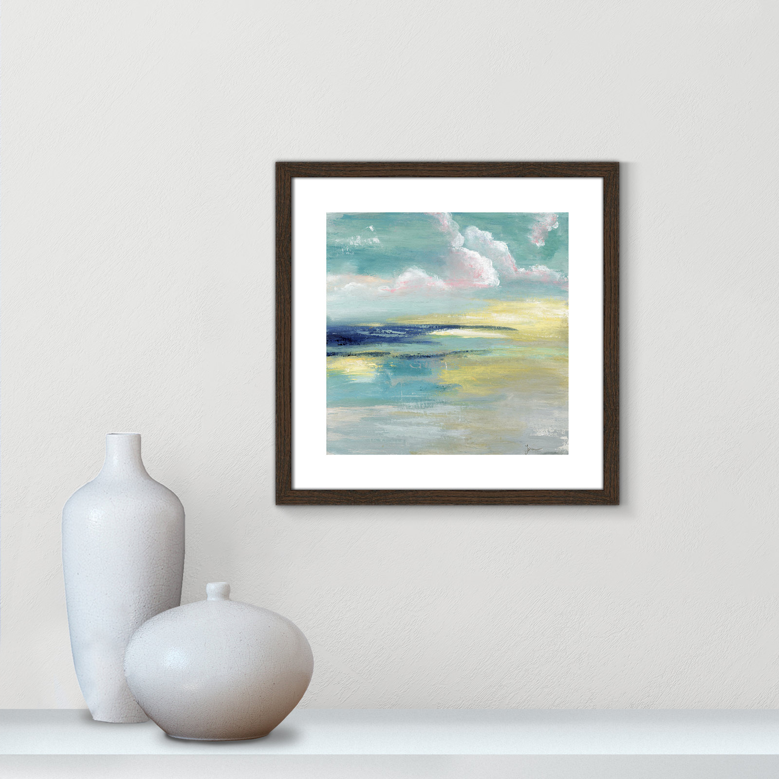 Bertie "Ocean View" Painting by Tava Studios, 18.25" H x 18.25" W x 0.75" D, Walnut Wood Framed Paper