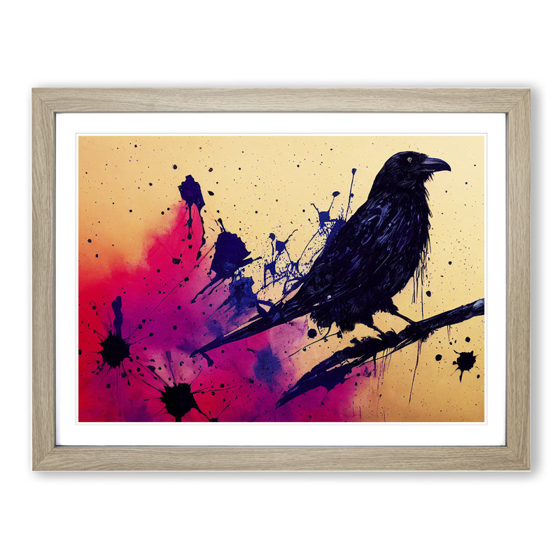 Impactful Crow Bird Abstract - Single Picture Frame Painting, 34cm H x 46cm W x 2cm D, Oak
