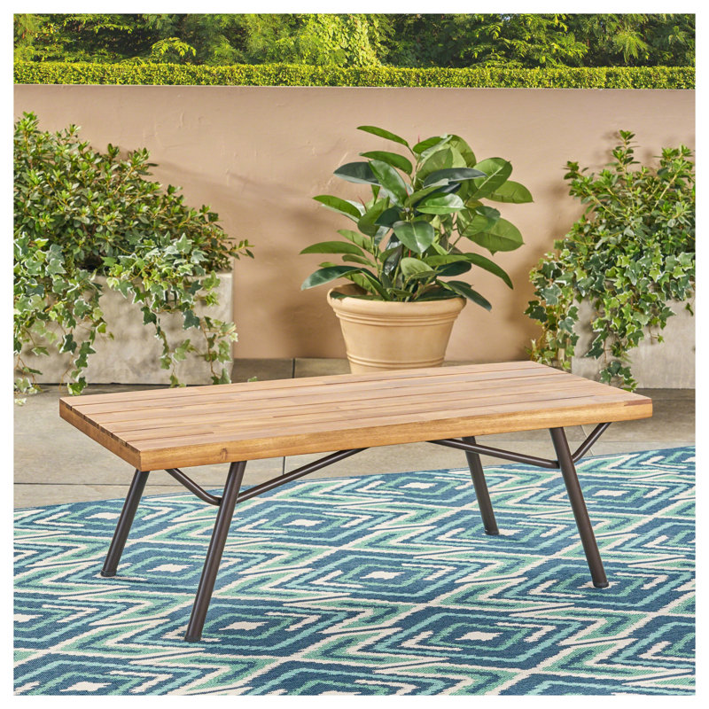 Table basse d'extérieur 50 po rectangulaire en bois d'acacia, aucun assemblage requis, pieds en fer noir, finition teck