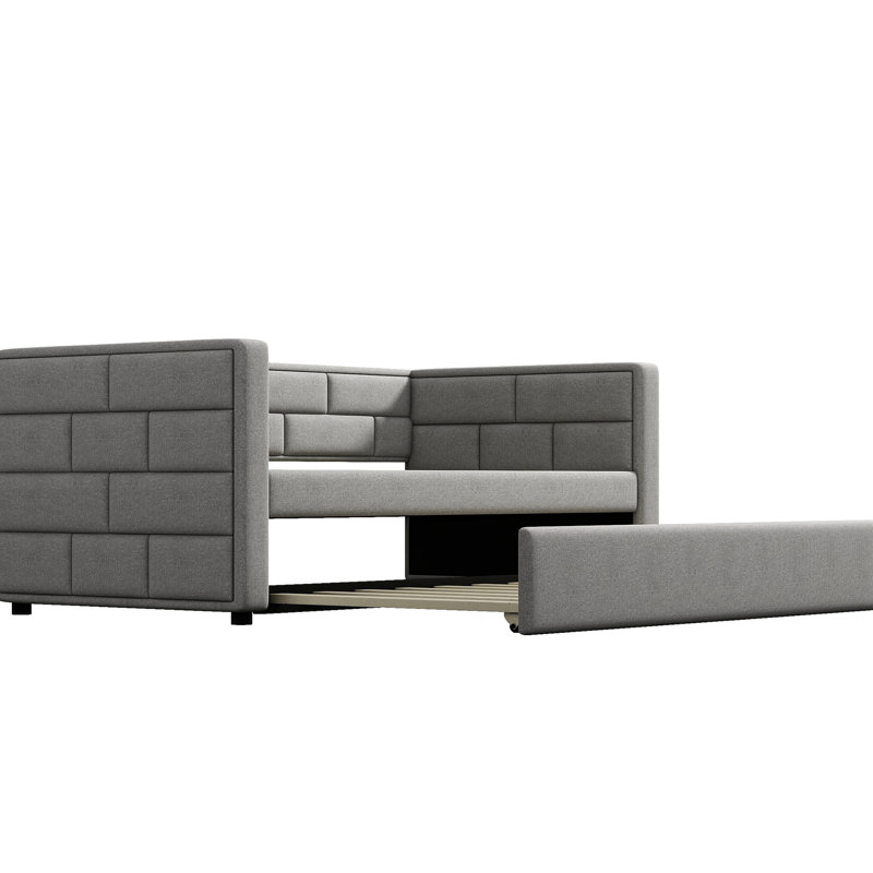 Gray Twin Daybed With Trundle, Upholstered Padded Base Support Frame, For Bedroom Trundle In Gray, Soft Back