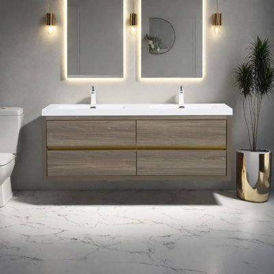 60" Wall-Mounted Bathroom Vanity with Double Sinks and Soft Close Drawers