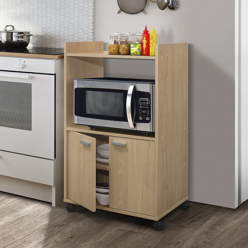 Arlindo 16" Microwave Cabinet with Storage and Upper Shelf for Kitchen Appliances - 2 Door Cabinet Kitchen Storage Cart - Wood Kitchen Cart with Lockable Castors Wheels