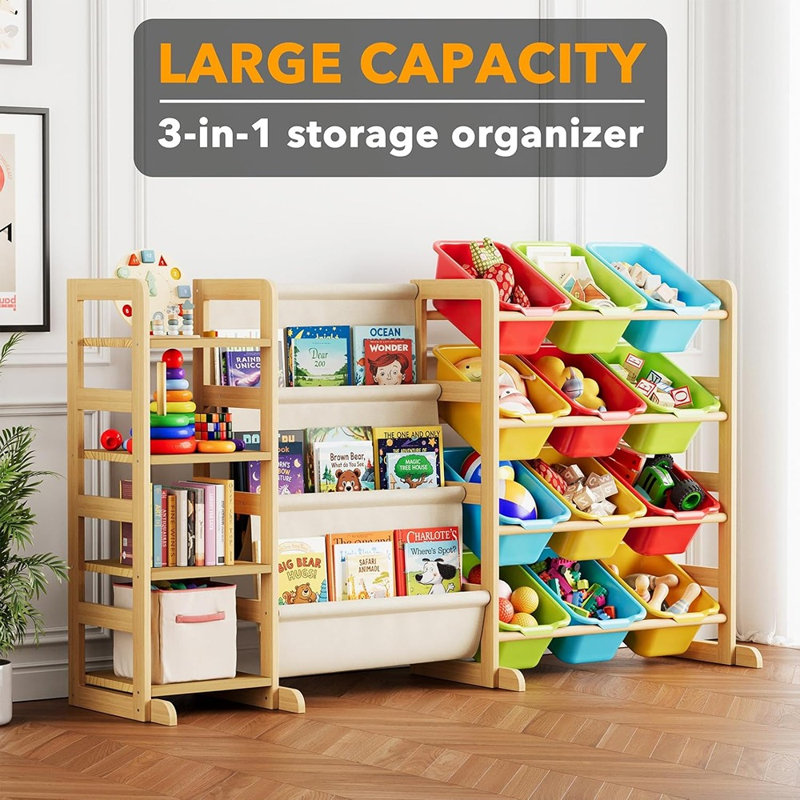 Organisateur de rangement de jouets 3 en 1 avec 4 tablettes et 12 bacs - Bibliothèque à 3 niveaux