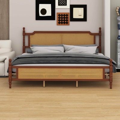 Wooden Bed With Rattan Headboard And Footboard
