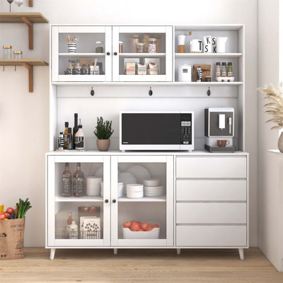 63 Inch Wide Freestanding Kitchen Hutch Cabinet with 4 Doors, 4 Drawers, and Microwave Shelf for Efficient Storage by George Oliver