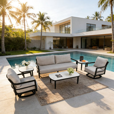 Modern Outdoor Furniture With 360 Rotating Club Chairs, Bench Seat, Tables, And Comfortable Cushions For Patios Seating Balconies Porches
