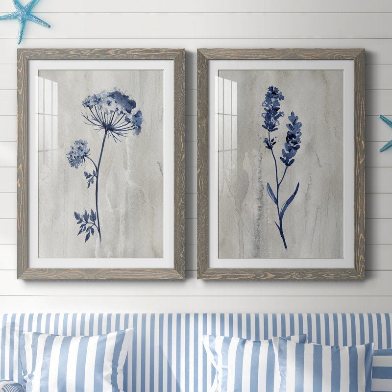«Indigo Botanical I», ensemble de 2 reproductions d'impressions, Impression encadrée avec passe-partout, Gris