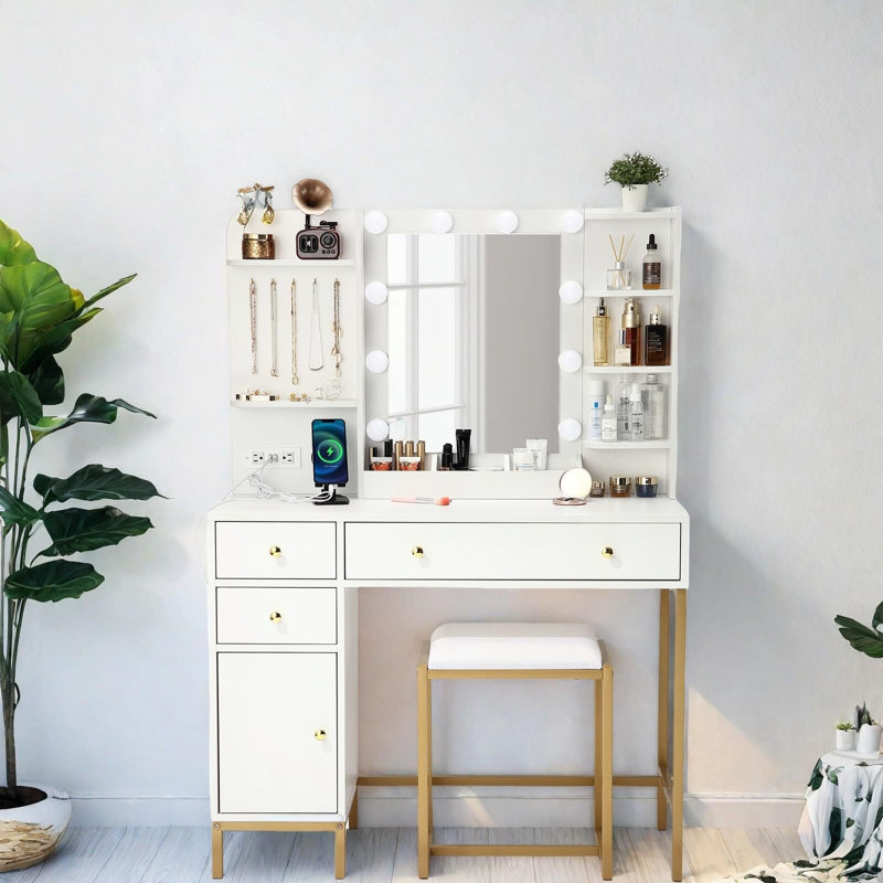 Vanity Desk With Power Outlet, Makeup Vanity With Chair