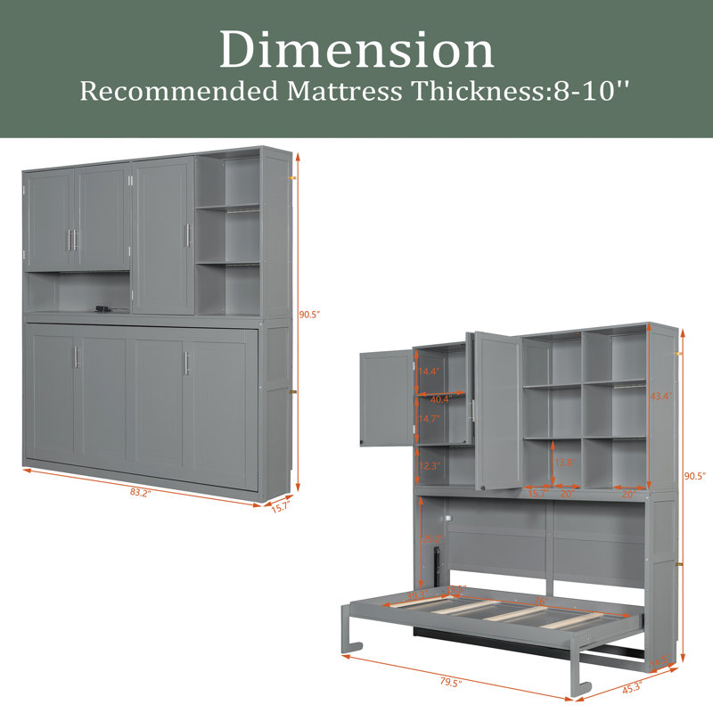 Lit escamotable mural simple avec armoire supérieure, tablettes, lit pliable peu encombrant avec lumière et USB, Gris