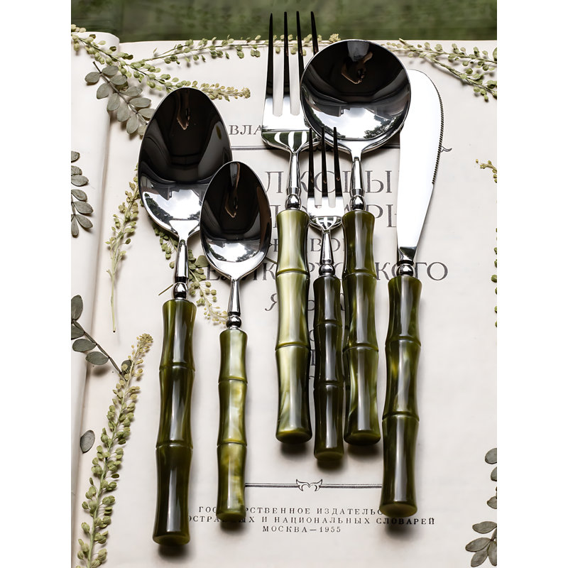 Ensemble de couverts 6 pièces en acier inoxydable de style italien avec poignée en bambou et finition perlée - couteau, fourchette, cuillère