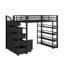 Lit mezzanine double en métal avec tablettes de rangement, armoires et garde-robe