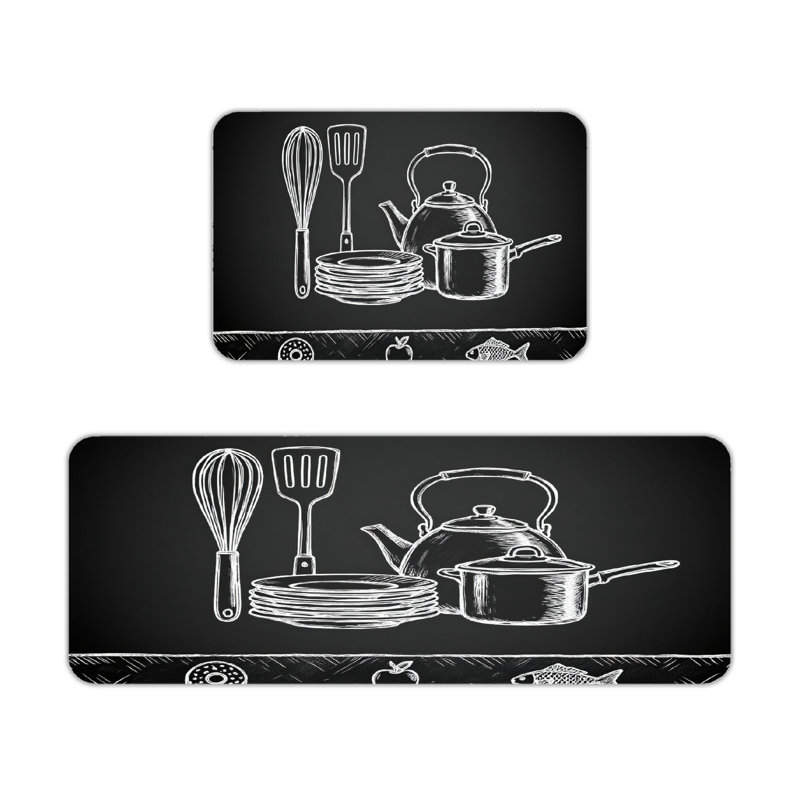 Ensemble de 2 tapis de cuisine noirs avec croquis noir