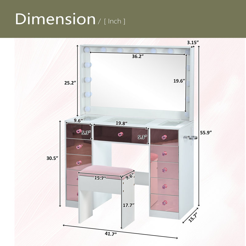 Makeup Vanity With 11 Hollywood Bulbs, 3Color Lighting Modes Adjustable Brightness, Dressing Table With Visual Glass Top And 11 Pink Finish Drawers, Vanity Desk Set With Cushioned Stool