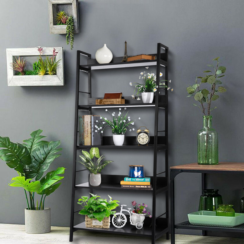 Industrial Ladder Shelf, Rustic 5 Tier Leaning Bookshelf, Wood Metal Ladder Bookcase, Plant Flower Stand Rack Book Storage Shelves For Living Room, Bedroom, Home Office