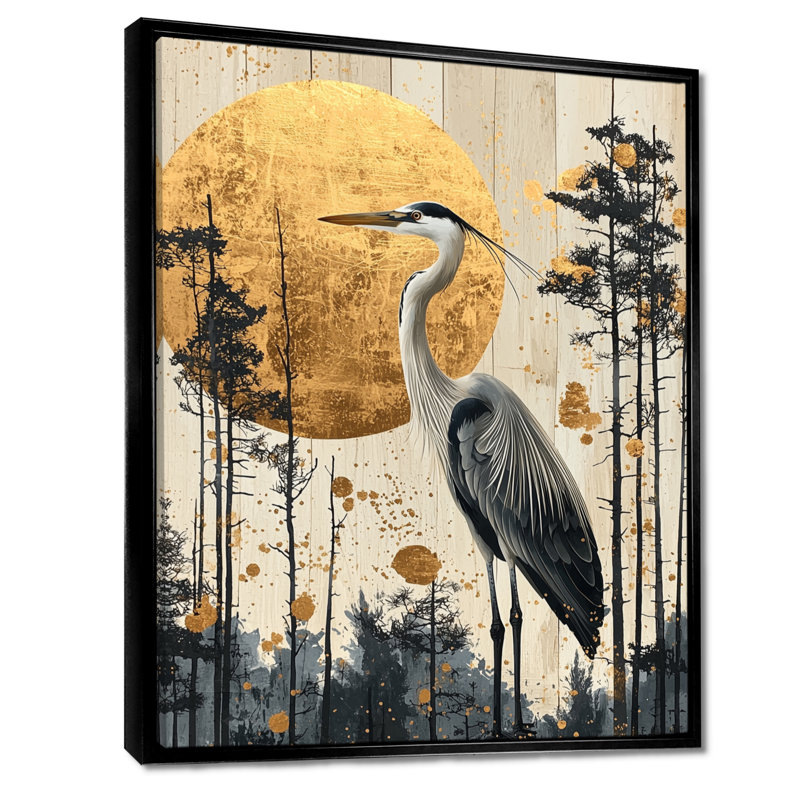 Azérie lever de soleil héron à l'encre de Chine dorée paysage I - héron, art mural, H 20 po x l 12 po, Noir