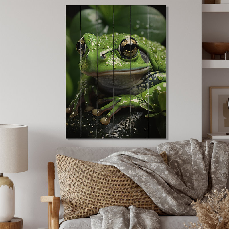Portrait de grenouille verte sur bois, H 32 po x l 24 po x P 0,78 po