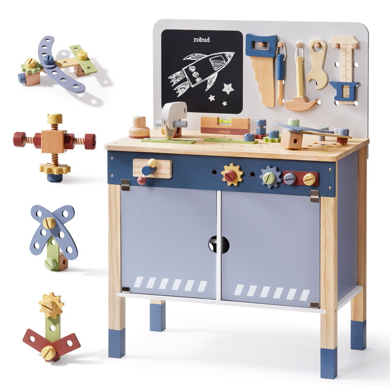 Wooden Toy Workbench, Large Children's Wooden Play Tool, Pretend Play Creative Building Set