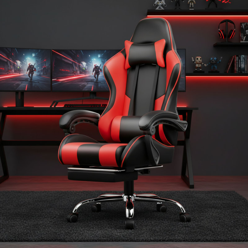 Red Faux Leather Convertible Chair, 360° Swivel, Height Adjustable, Complete With Headrest, Lumbar Support, And Footrest; Suitable For Both Gaming And Office Work.