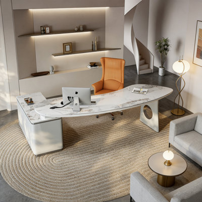 Bureau de luxe en L en pierre frittée blanche avec armoire de rangement de grande capacité
