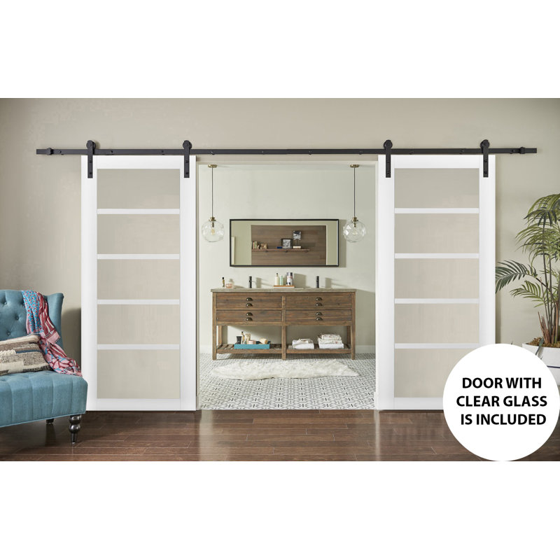 Porte de grange double robuste avec rail Quadro 4522 Blanc Soie et vitrage transparent, supports de rail de 4 m (13 pi), portes intérieures à panneaux pleins et lourds - 91,4 cm x 213,4 cm (2 x 45,7 cm x 213,4 cm) - Vitrage clair - Rail noir